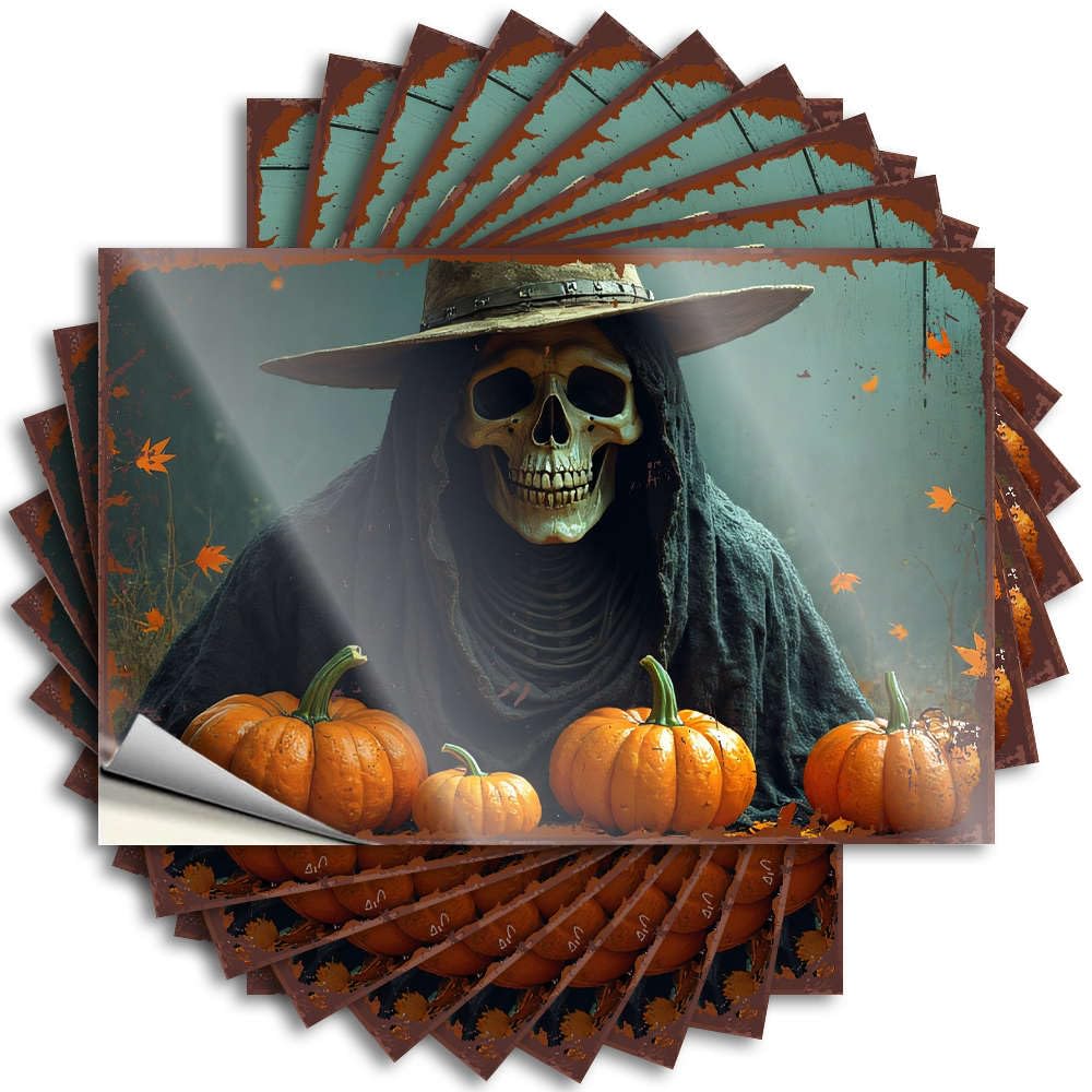 A Skeletal Figure in A Hooded Cloak Sits Amidst Pumpkins. Outdoor Farmhouse Decor Personalized - Decal Hard Waterproof Decal(8X12CM)