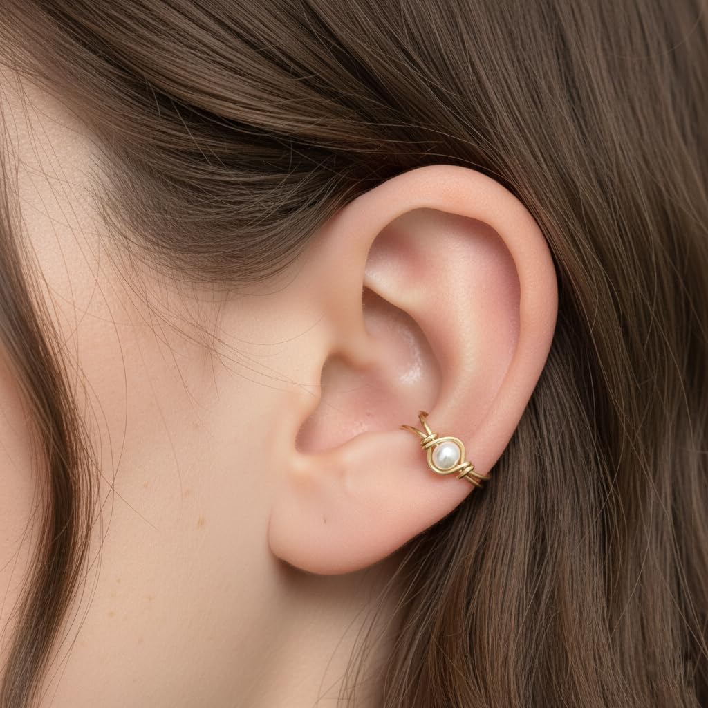 14k Gold Filled White Pearl Clip On Ear Cuff, Non Piercing Dainty Huggie Freshwater Pearl Earring, June Birthstone - Image 3
