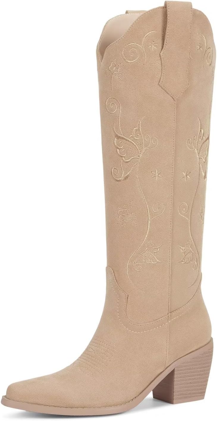 wetkiss Cowboy Boots for Women Knee High Womens Cowgirl Tall Boots Slip On Design with Pointed Toe Comfortable Chunky Middle Heel Western Embroidery Boot for Wedding Country Concert Traveling