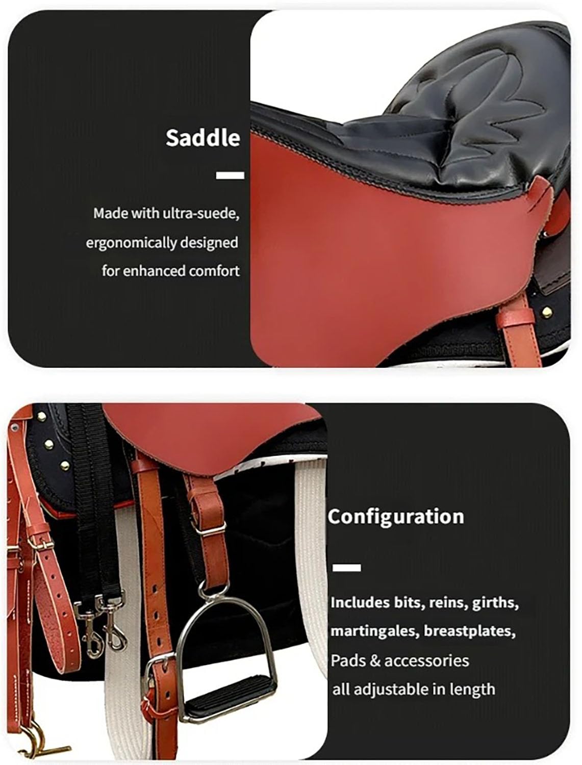 NILoykg& Set da 8 Pezzi per Sella per Cavallo, Kit Completo per Sella con staffe, staffe in Cuoio, sottopancia, Sopracciglia, sottosella, redini e Corda di Piombo,Nero
