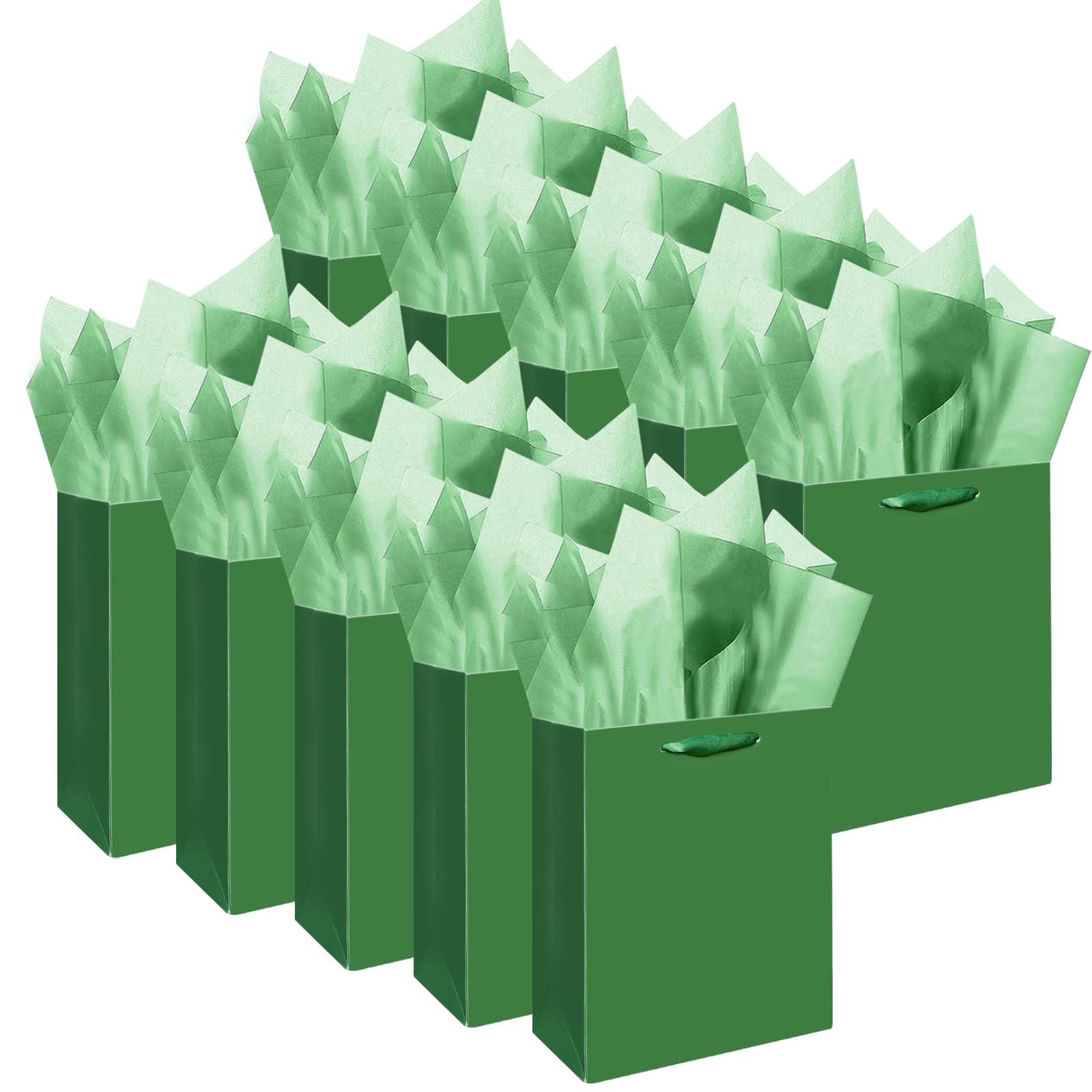 qiqee 10PCS Deep Green Mini Gift Bags with Tissue Paper Handles 6.3"x4.7"x2.4" Small Size Present Party Favor Bags（20pcs Tissue Paper Included ）