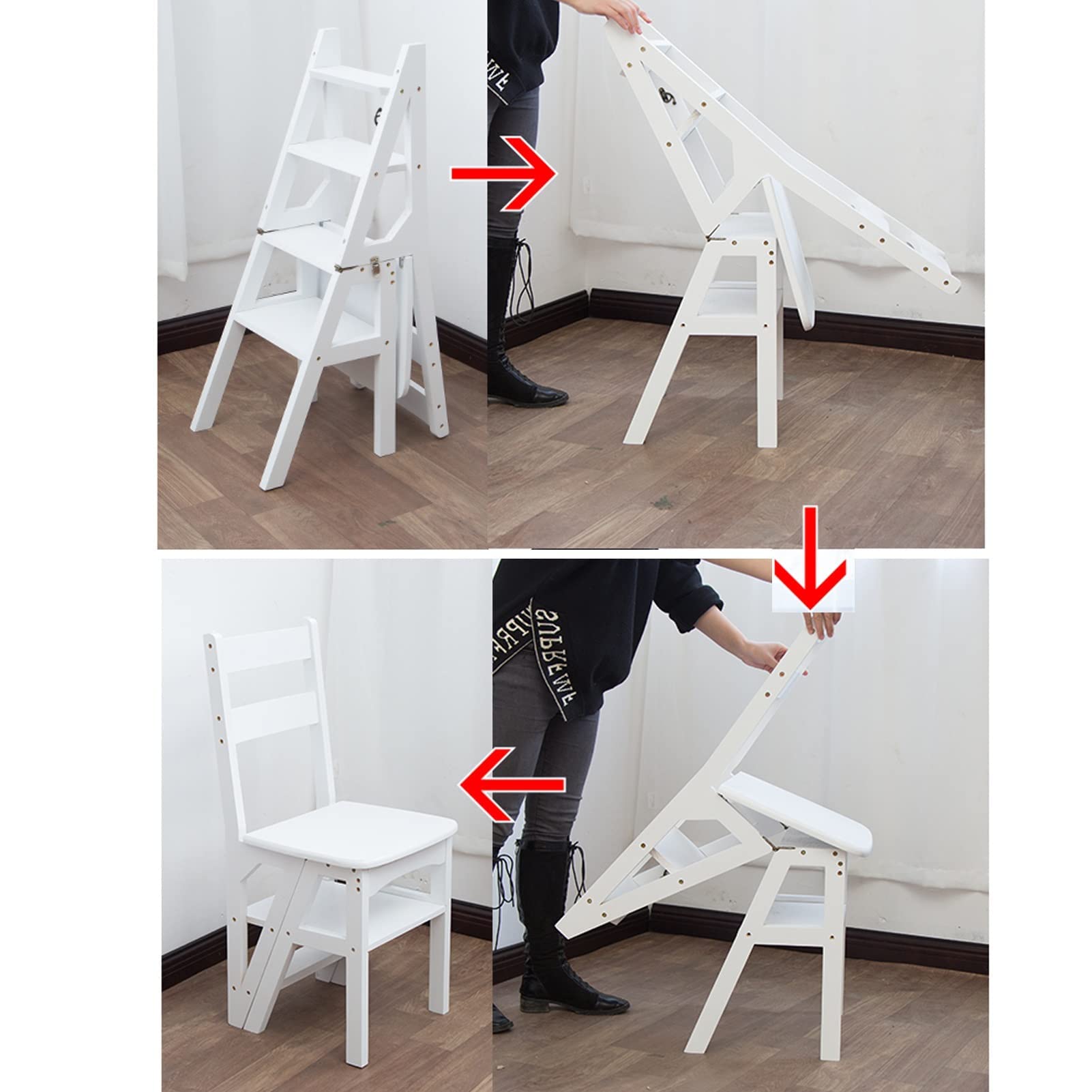 Escalera Plegable Multiusos para Taburete, Silla De Madera Blanca De 4 Escalones para El Hogar, La Cocina, La Biblioteca, Diseño Plegable Que Ahorra Espacio
