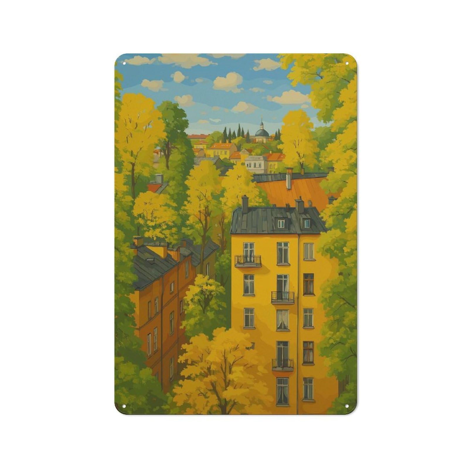 Junmoney Autumn Cityscape With Yellow Buildings Country Style Kitchen Metal Sign 30X20cm Featuring Diner Style Decor For Kitchen, Cafe, Pantry Or Dining Room