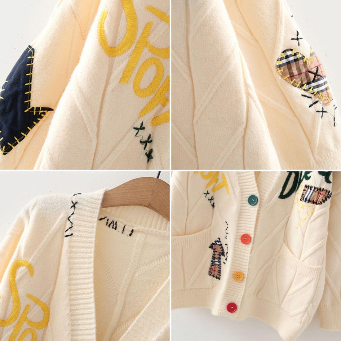 FindThy Cardigan da donna Y2K maglione sciolto abbottonatura lettera ricamato Cardi cappotto con tasche, Albicocca, M