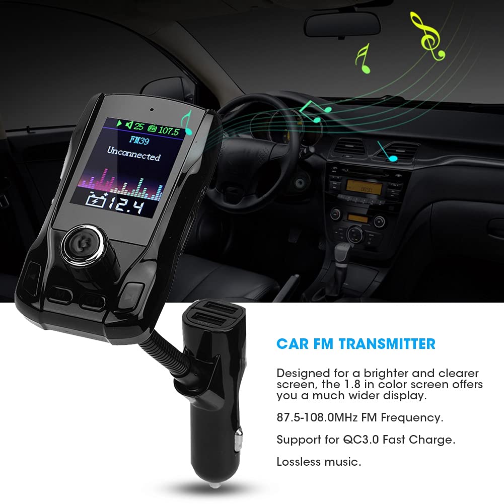 Transmisor Bluetooth, Adaptador de Radio FM Inalámbrico FM39 Cargador de Reproductor MP3 con Pantalla TFT de 1,8 Pulgadas y Rotación de 360°