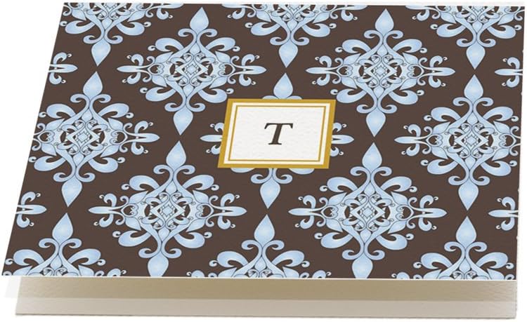 Blue and Chocolate 'Floral' Folded Note Cards, Set of 12 Monogrammed 'T' with envelopes