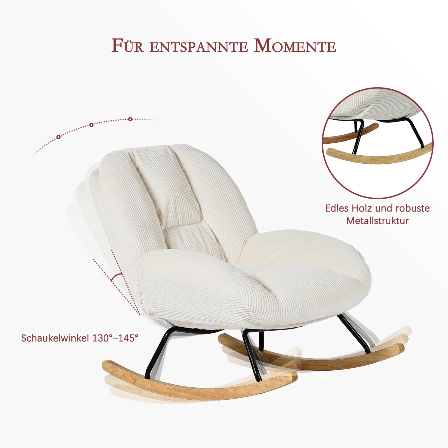 MEUBLE Cosy Schaukelstuhl Relaxstuhl mit Breiter Komfortsitz, Schaukelsessel aus Cordstoff, für Wohnzimmer Schlafzimmer Babyzimmer, bis 120 kg belastbar, Beige