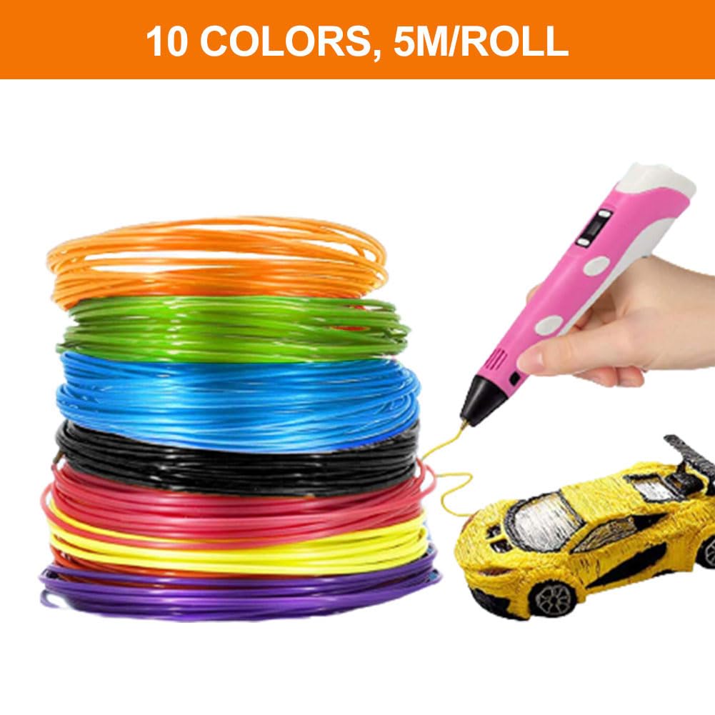 3D Pluma Filamento,3D Pluma PLA Filamentos,10 Colores PLA Para Bolígrafo,1.75MM Para Pen, 50M - Pluma 3D Con Protector Silicona Para Los Dedos