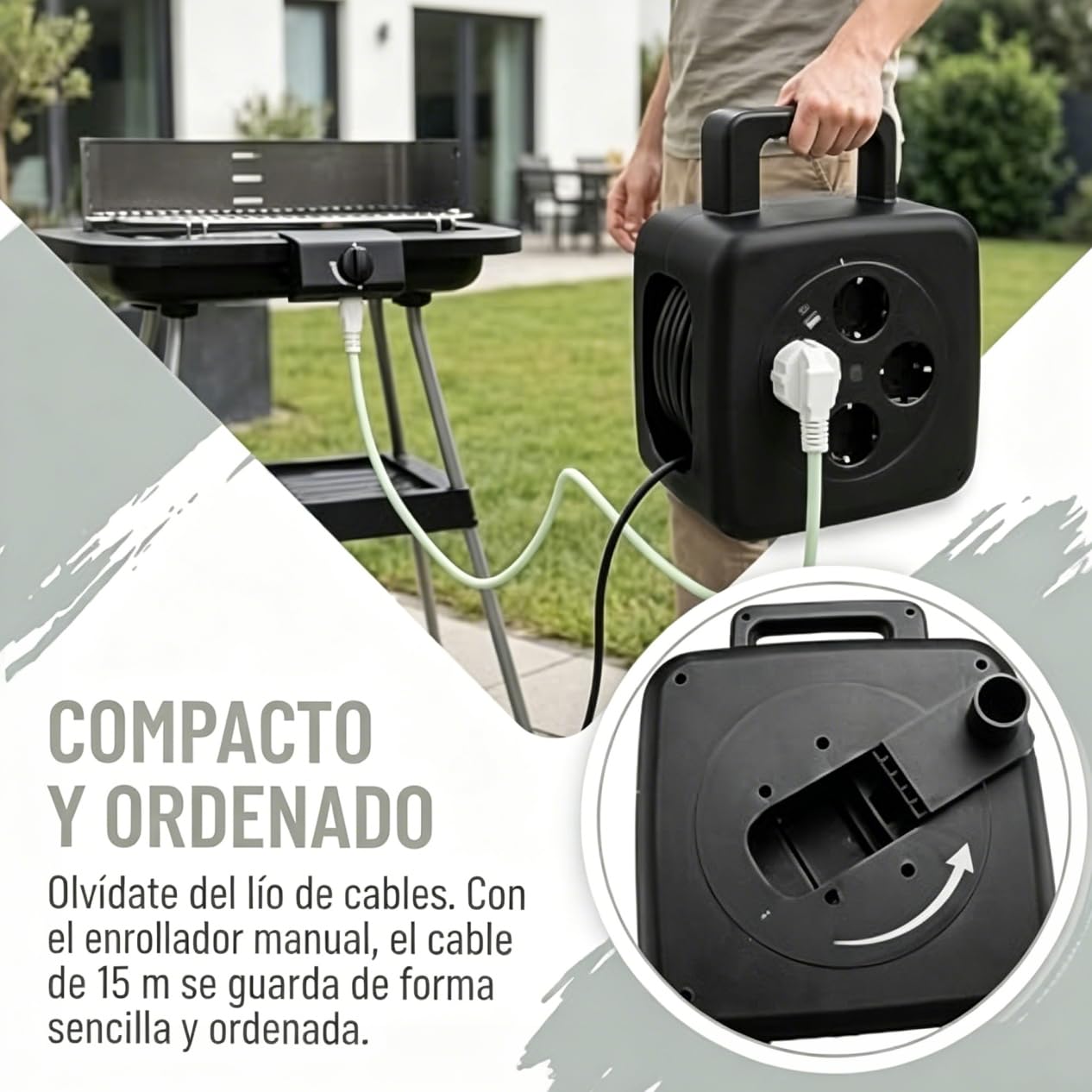 Carrete de cable 15 m con USB 20 W, certificado TÜV GS, interruptor térmico | 4 enchufes Schuko, manivela plegable para el hogar y camping al aire libre, rollo de cable de 16 A