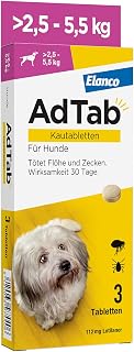AdTab Hund 2,5-5,5 kg, Kautablette gegen Zecken & Flöhe, 3 Tabletten Packung für 3 Monate Schutz, wirksamer Zecken- und Flohschutz mit Rindfleischgeschmack