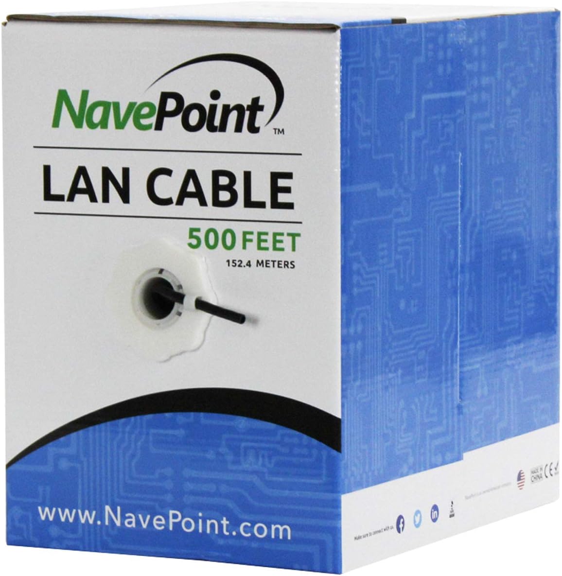 NavePoint CAT5e (CCA), 500ft, Black, Solid Bulk Ethernet Cable, 24AWG 4 Pair, Unshielded Twisted Pair (UTP)