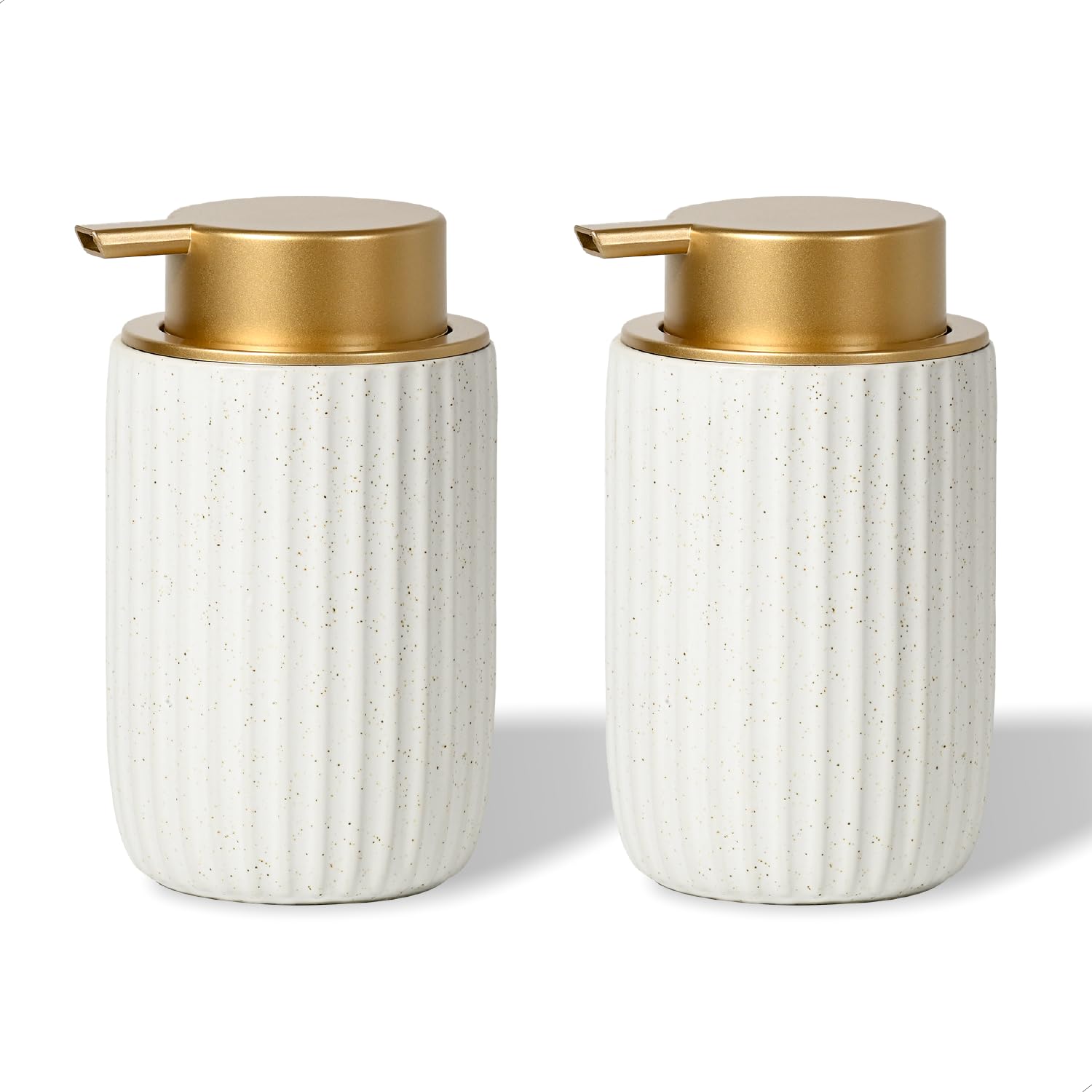2 Stück gesprenkelter, mattweißer Keramik-Schaumseifenspender, 340 ml, nachfüllbare Pumpe mit goldenem Oberteil, eleganter Schaumspender für Bad oder Küche, gesprenkeltes Weiß