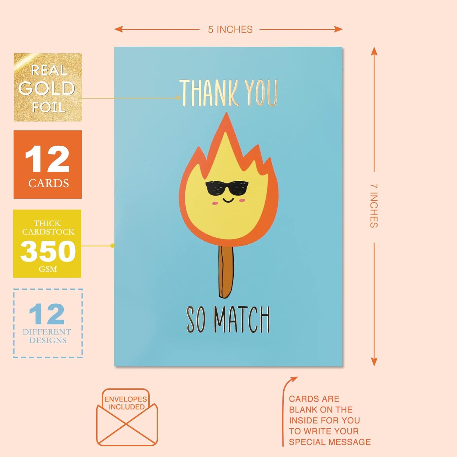 【12 Pack】Large Funny Thank You Cards – Big Size 5 x 7 Inch – Appreciation Cards and Pun Cards Printed on Premium Thick 350 GSM Paper – 12 Unique Eye Catching Designs in Funny Themes – Funny Greeting - Image 2
