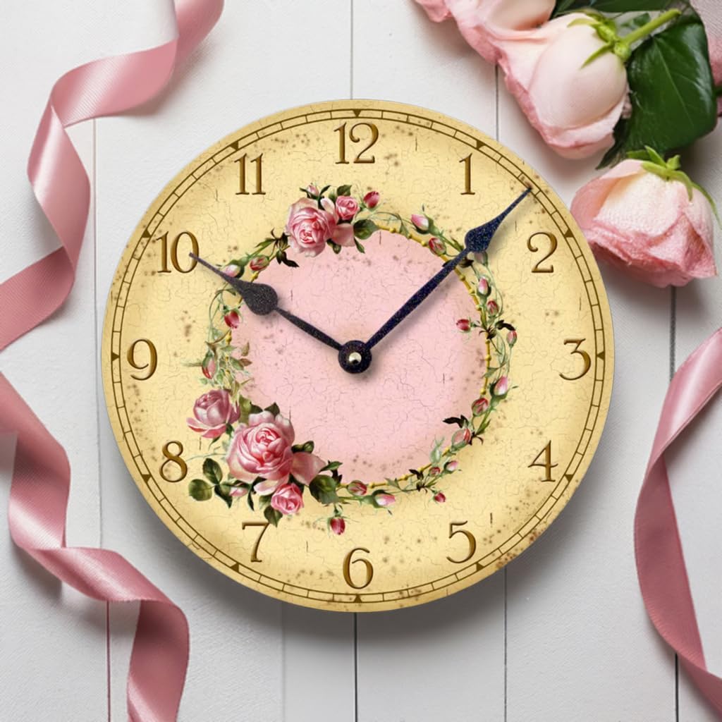 Item C6032 Vintage Style Shabby Chic Pink Roses Clock (12 Inch Diameter)