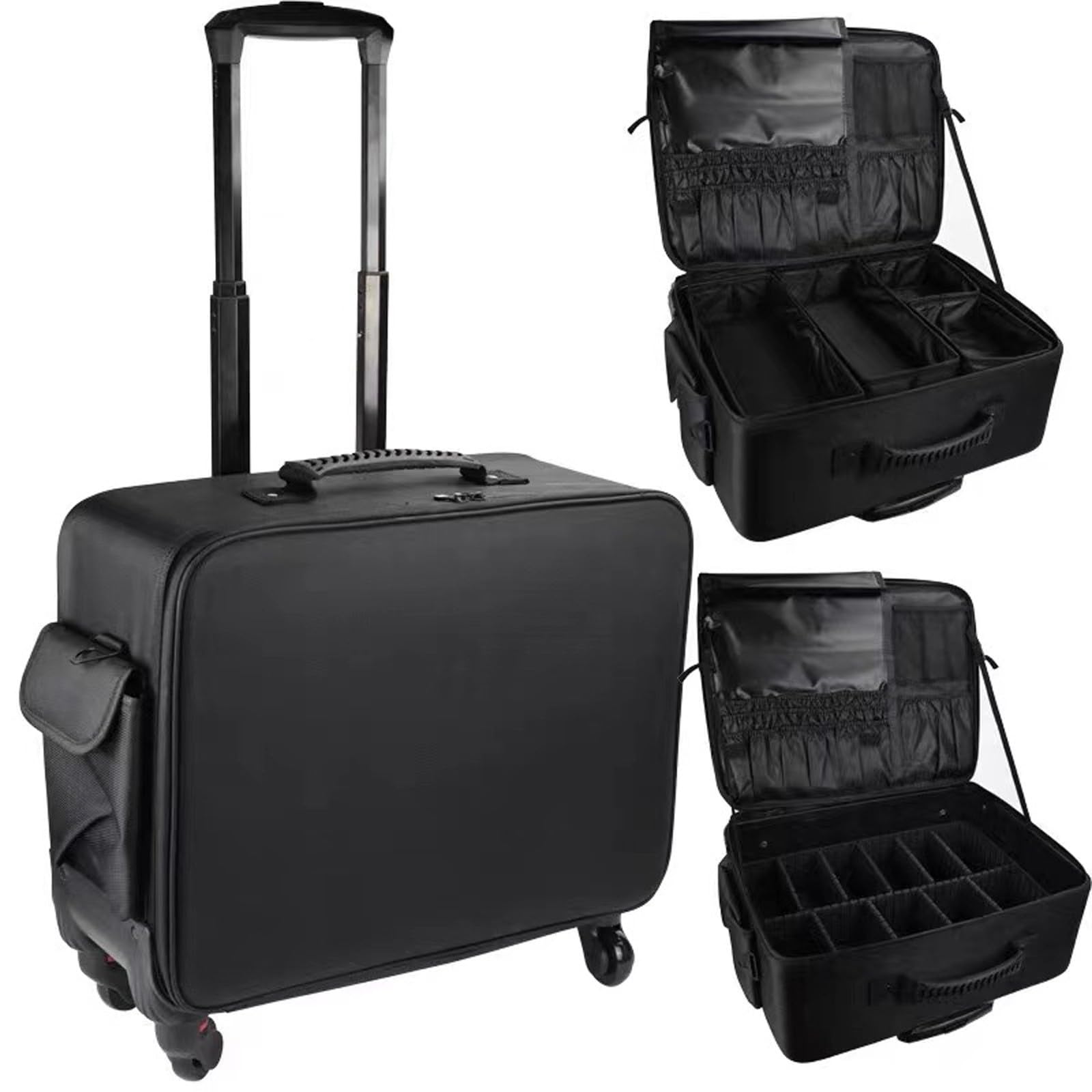 Valigia per cosmetici a più livelli, impermeabile, organizer per trucchi con carrello retrattile, 48,7 cm, Nero