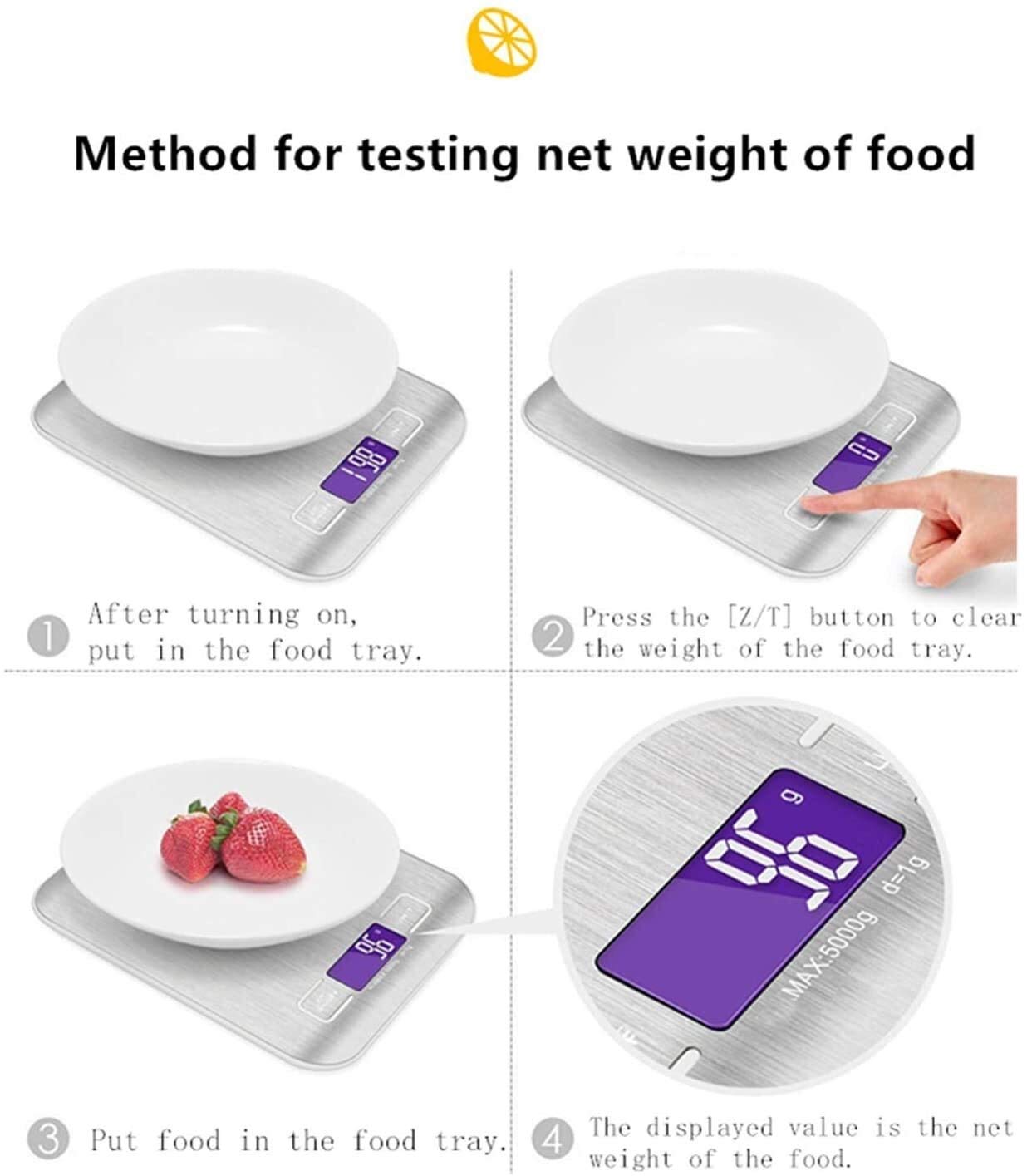 Báscula Digital de Cocina, báscula de Acero Inoxidable para Hornear en casa o en la Cocina, báscula de 5 kg, Pantalla LCD, fácil de Limpiar