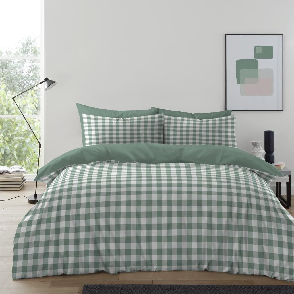 Lions Sage Green Gingham Bedding - 100% Polyester - Double Bed Size Checked Duvet Cover Set with Matching Pillowcase, Soft Microfibre Reversible Printed Quilt Covers, 200x200cm