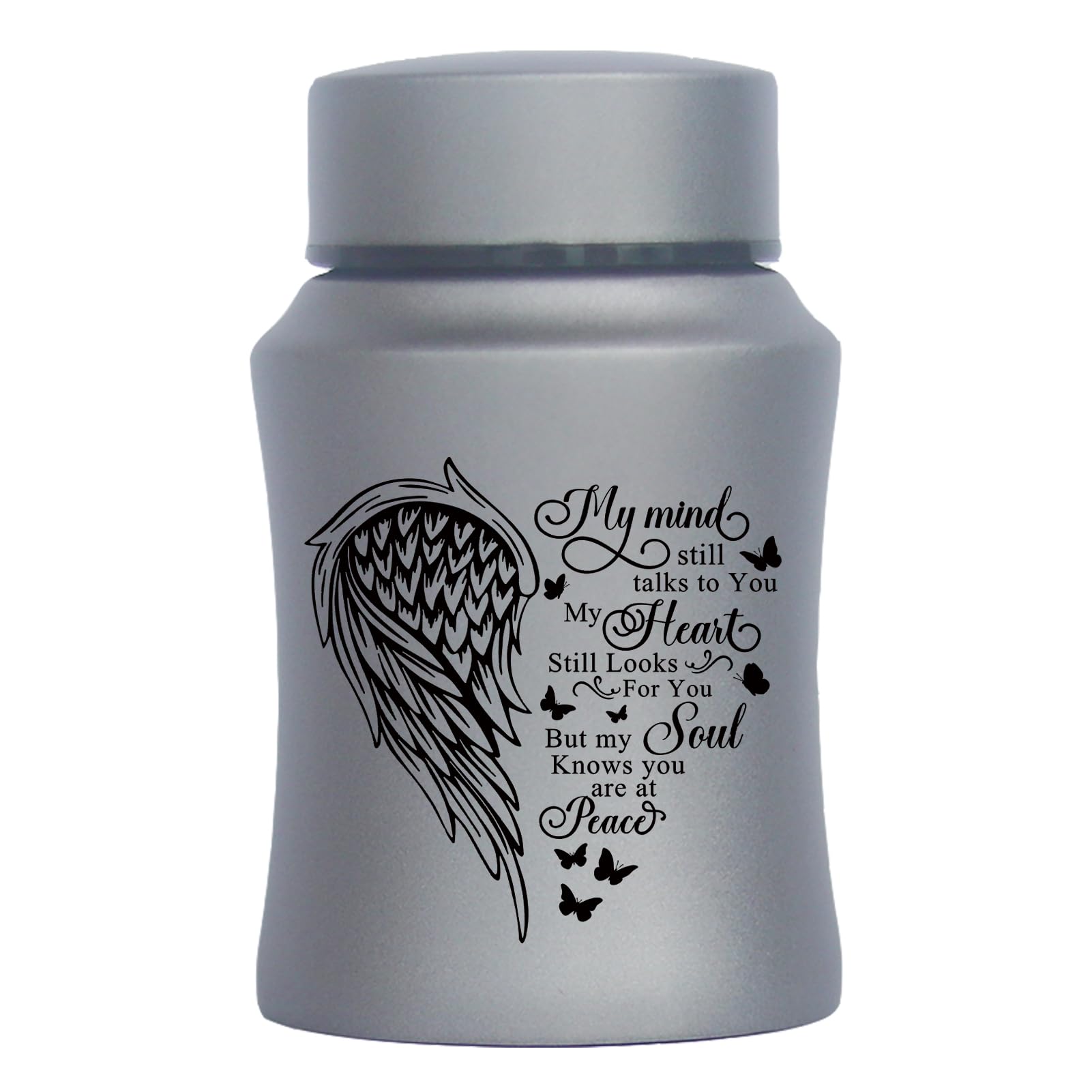 4.5 Inches Small Urn for Human Ashes Stainless Steel Mini Cremation Urn Small Keepsake Urn Heart Wing Pattern Memorial Ashes Container-Grey