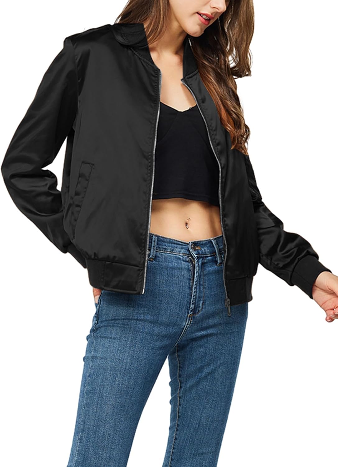 Satin Bomber Jacket Women Casual Fall Varsity Jackets Zip Up Outerwear Windbreaker with Pockets - Image 4