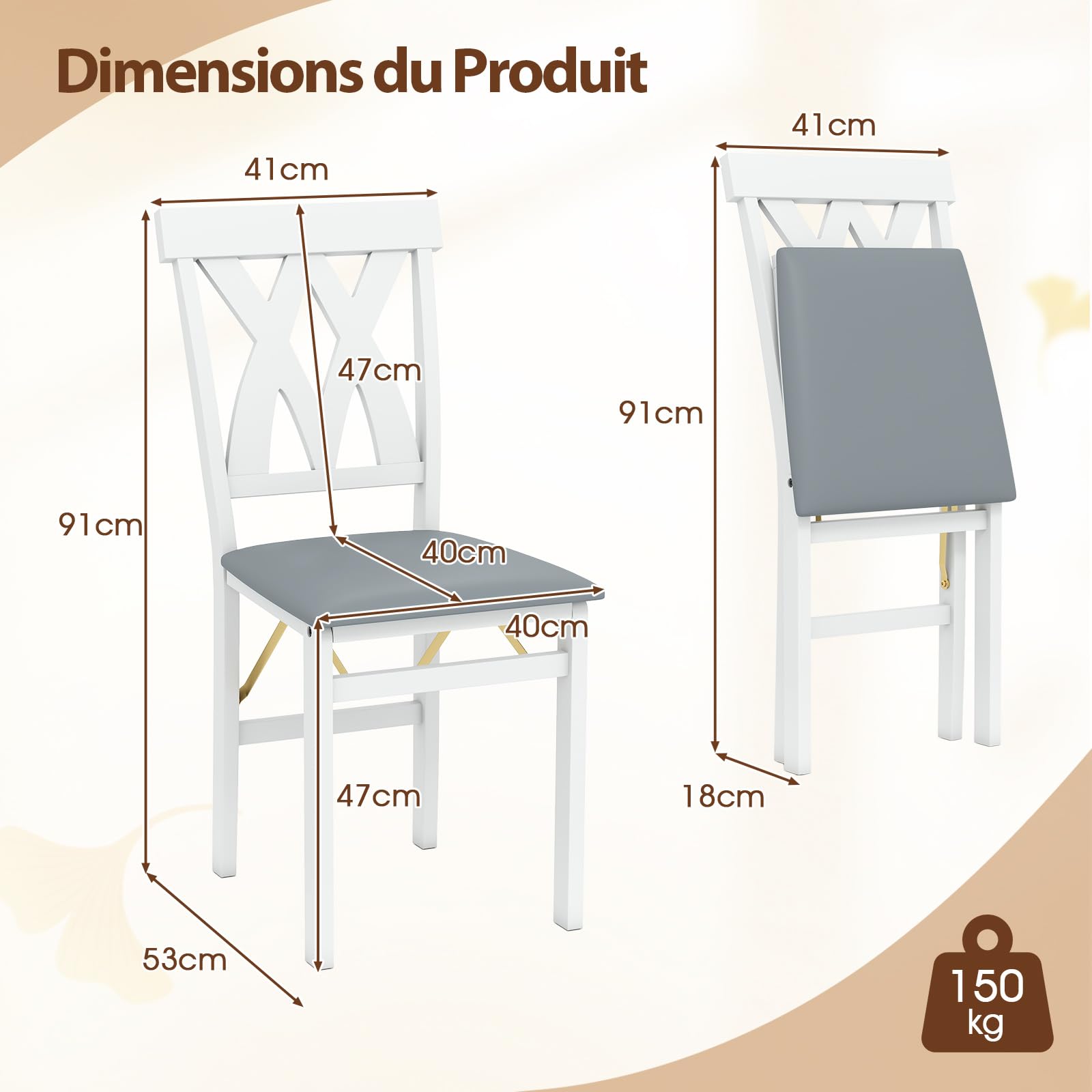 COSTWAY Lot de 2 Chaises de Salle à Manger Pliantes en Bois, Chaise de Cuisine avec Cadre en Bois de Caoutchouc, Siège Rembourré, Dossier Incurvé, pour Maison, Bureau, Appartement (Blanc)