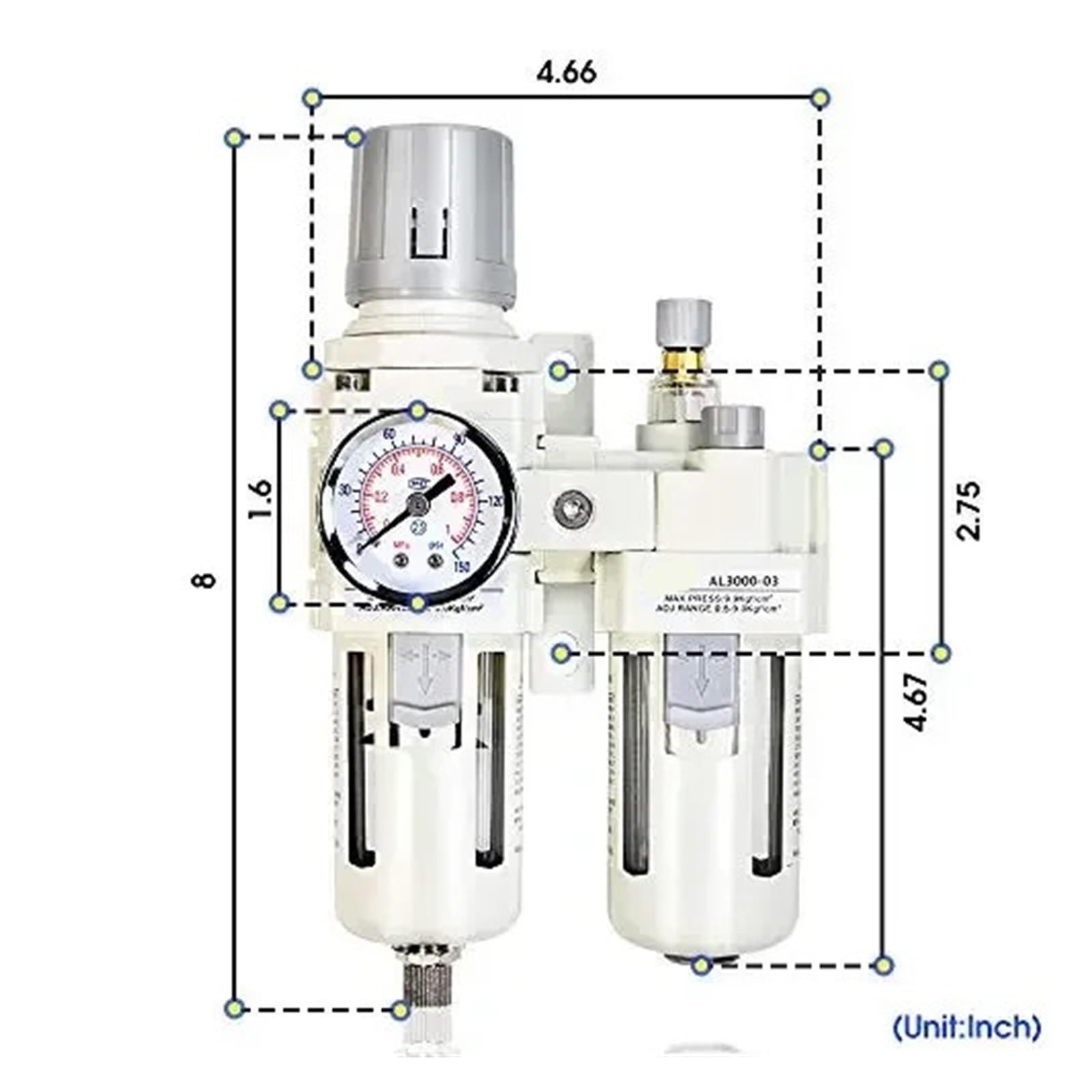 1 cm NPT/BSPP regulator ciśnienia filtra powietrza, separator wody/oleju, narzędzie kombinowane, kompresor z manometrem AC3010-03 (BSPP, automatyczny drenaż)