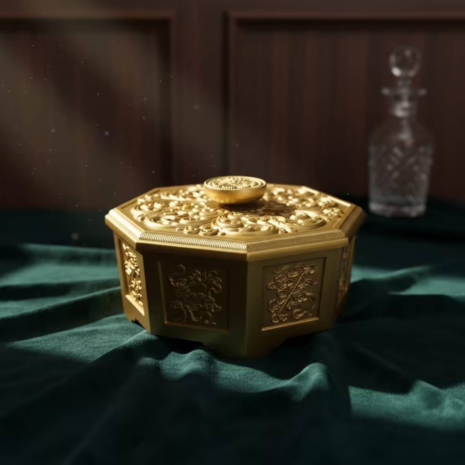 Schmuckdose Schmuckkästchen Aufbewahrungsbox Deko Dose Messing mit Deckel Achteckig mit Relief Blumen Detailreich für Schmuck Kleinigkeiten Bonbons