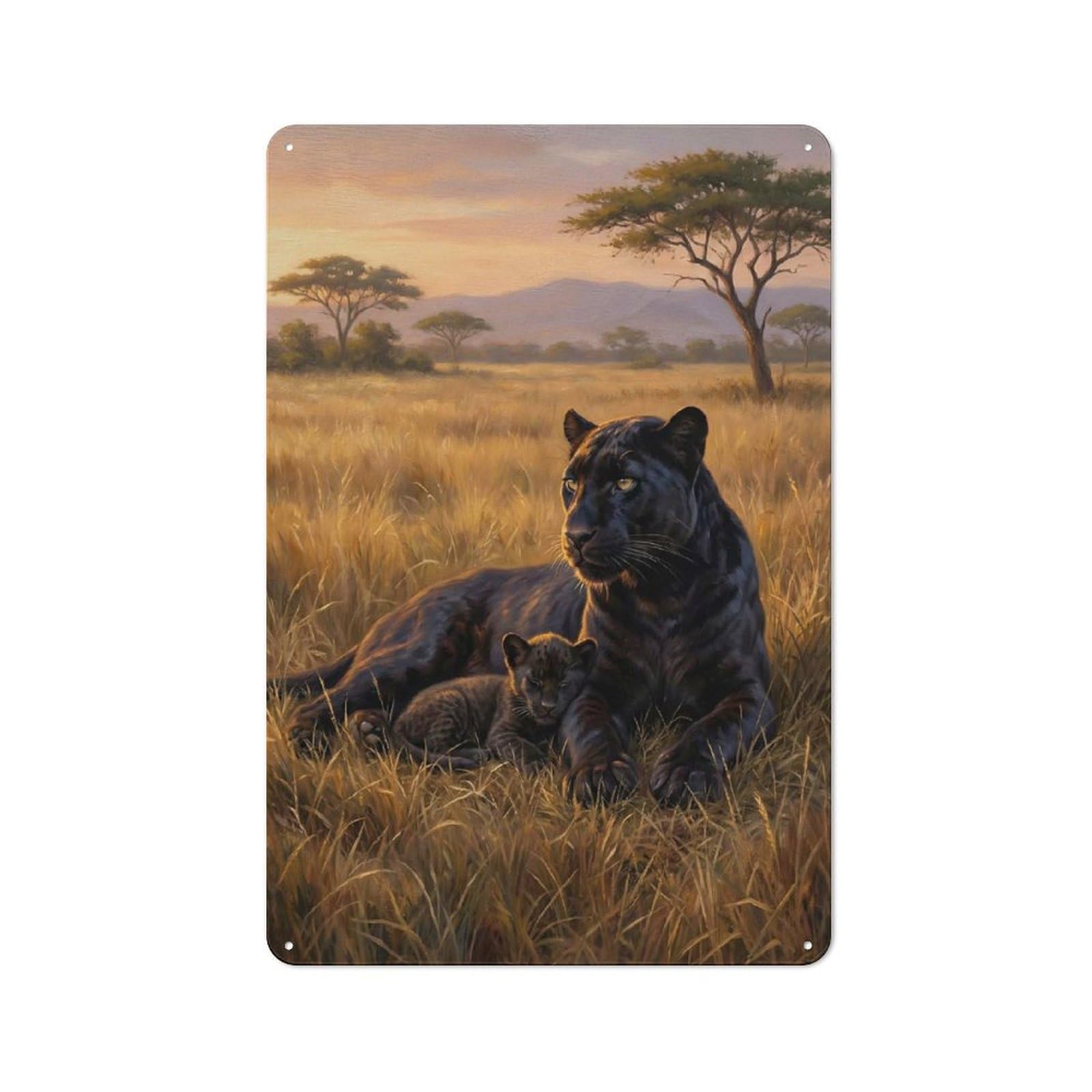 Junmoney Style-21 Metal Plaque With Black Panther And Cub In Savannah Design 30X20cm, Retro Kitchen Wall Decor For Bakery, Diner, Cafe Or Family Room