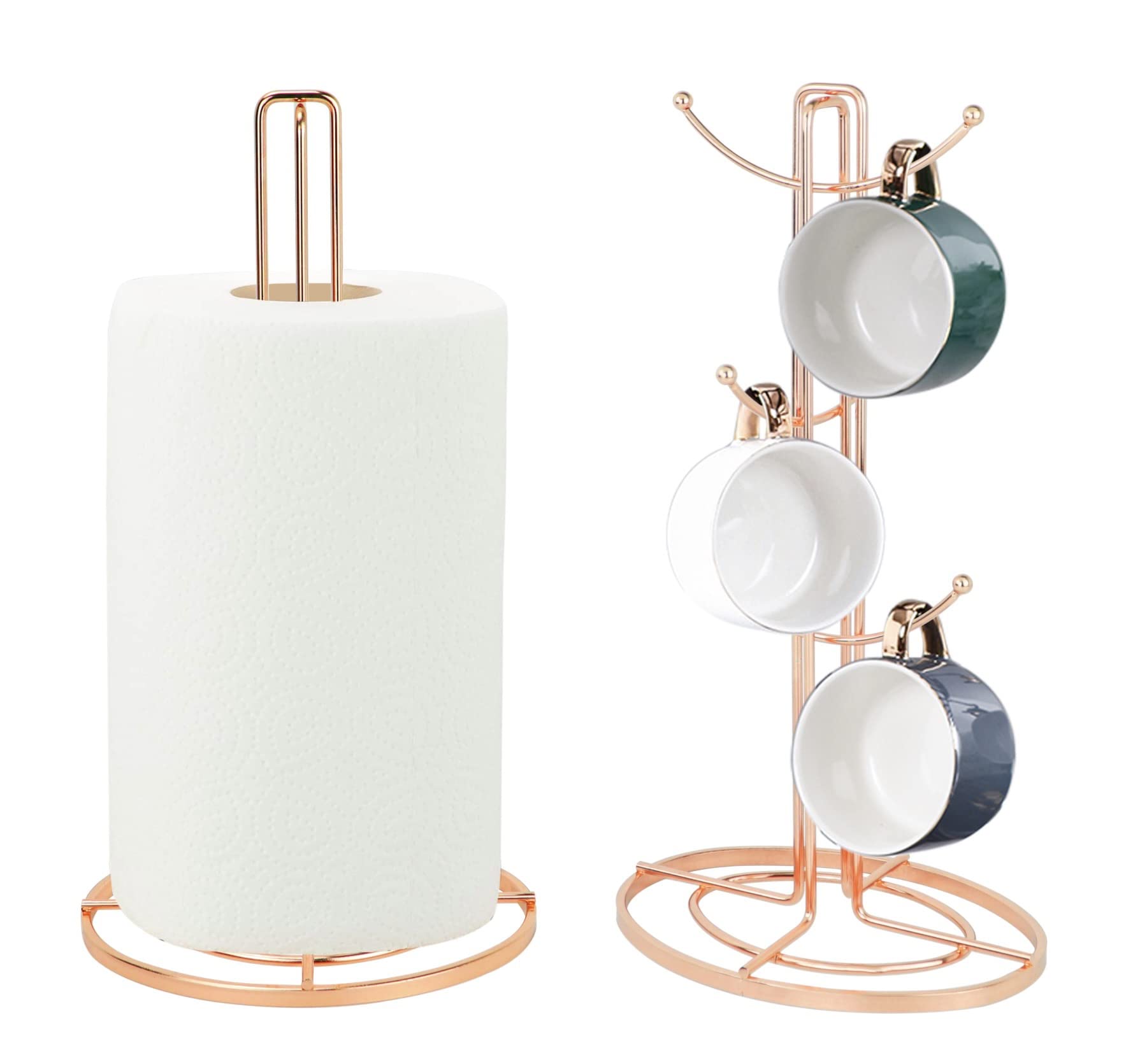 Royal Cuisine Accents Mugs & Tea Cup Storage Rack with Kitchen Roll Holder, Coffee Counter Bar Accessory & Kitchen Countertop Organizer,14 x14 x35 cm (Gold)