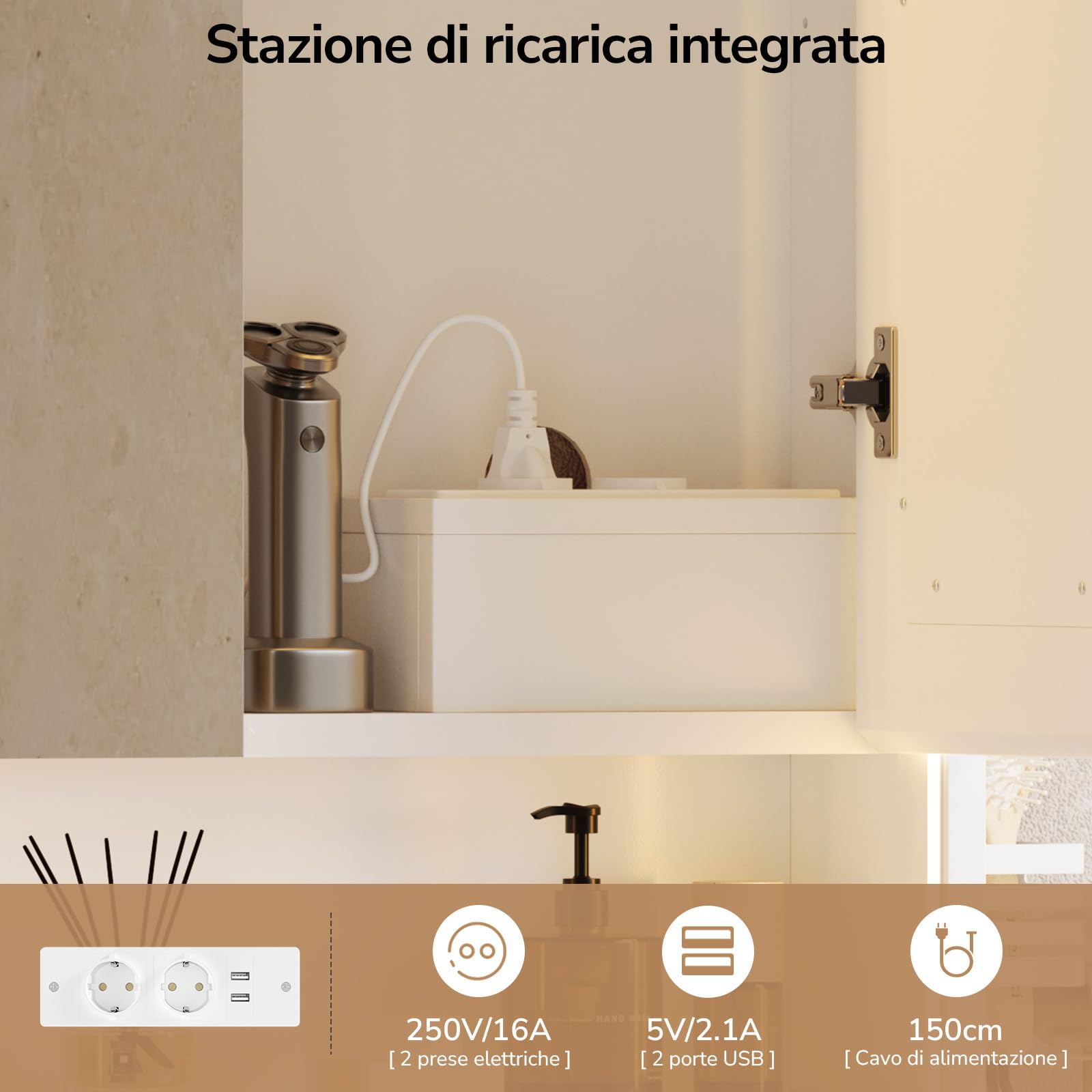 Specchio Bagno Contenitore 70x78x18 cm – Luce LED 3 Lati, Touch con 3 Luci & Prese + USB, Porta Asciugacapelli e Asciugamani, Mobile Bagno con Specchio a Due Ante – Soft-Close