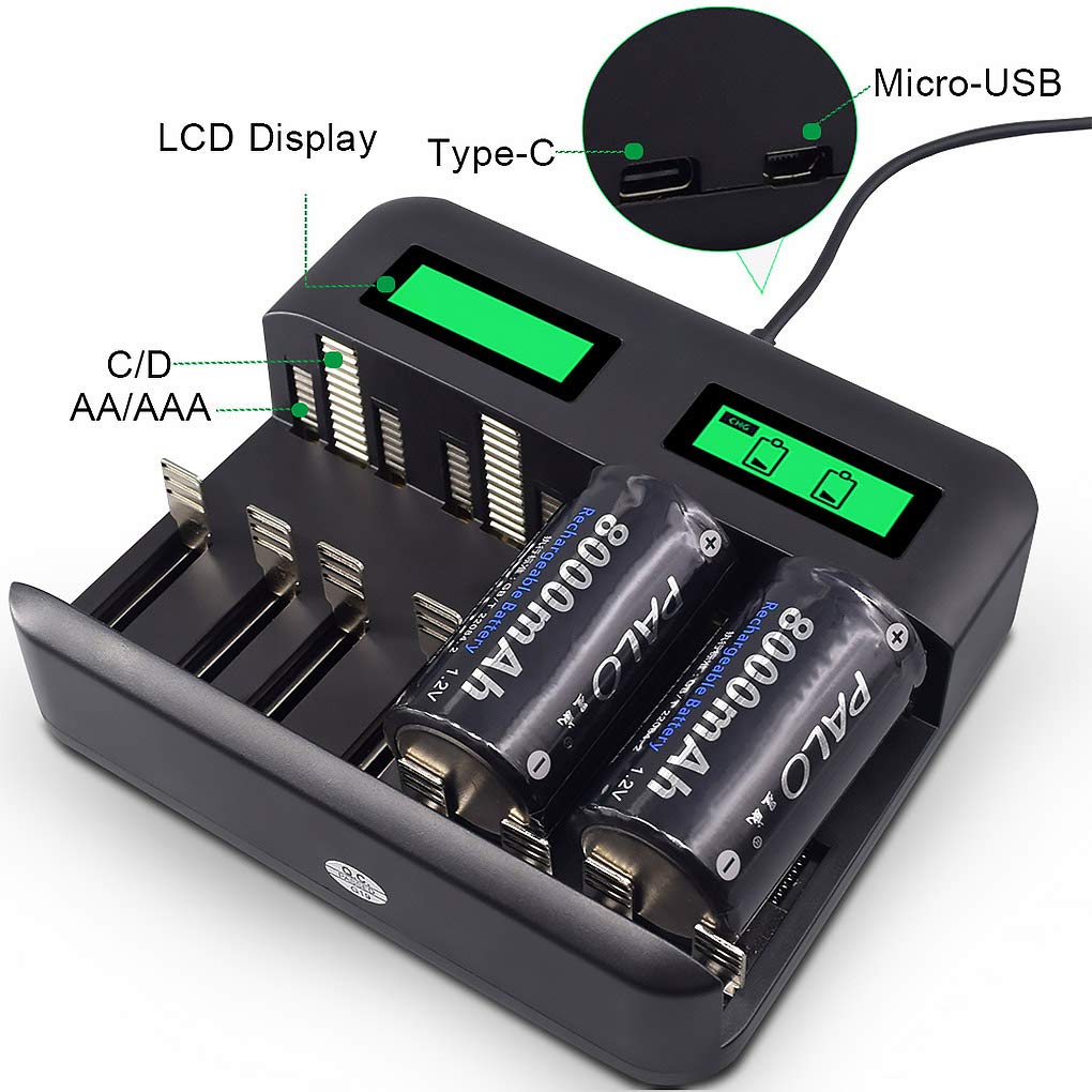 Leeadwaey Chargeur de batterie 8 emplacements alimenté par USB AA/AAA/C/D avec écran LCD Noir