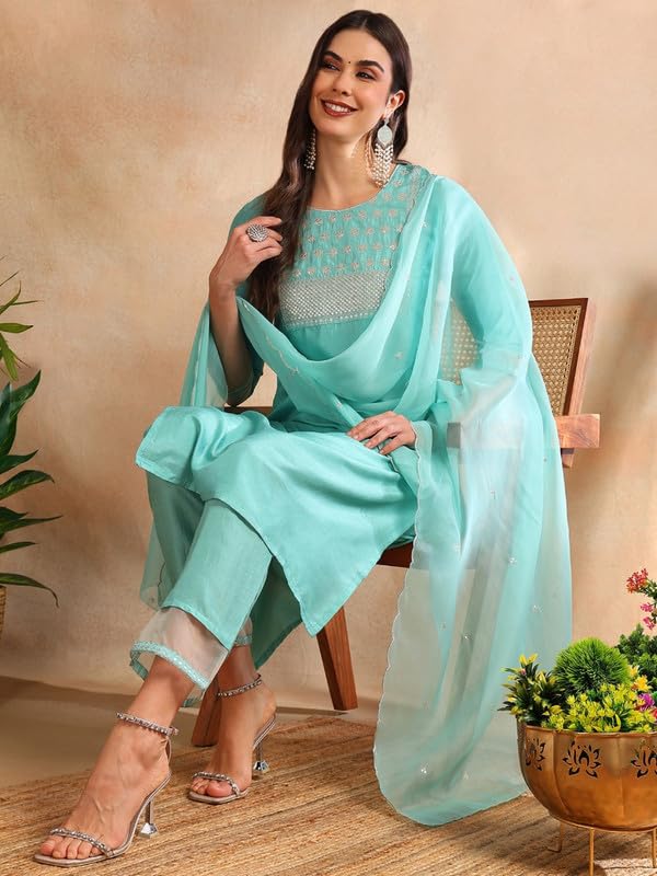 Image of Vaamsi Women's Silk Blend Sequins Yoke Design Straight Kurta Pant With Dupatta