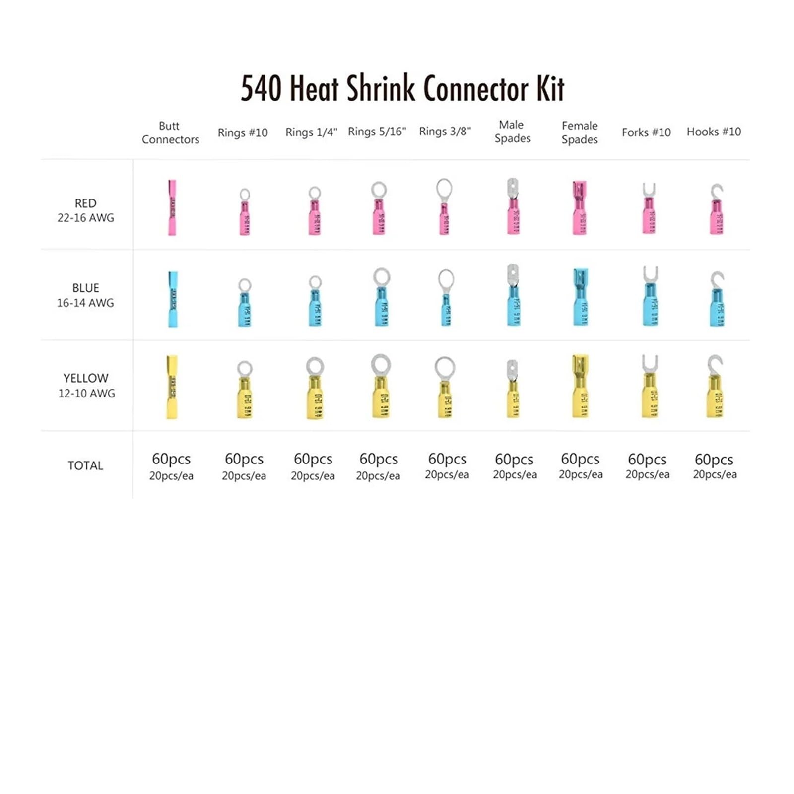 Terminales de crimpado termorretráctiles de anillo 540X, conectores de cable a tope aislados, kit de terminales de horquilla macho-hembra, conector de cable eléctrico
