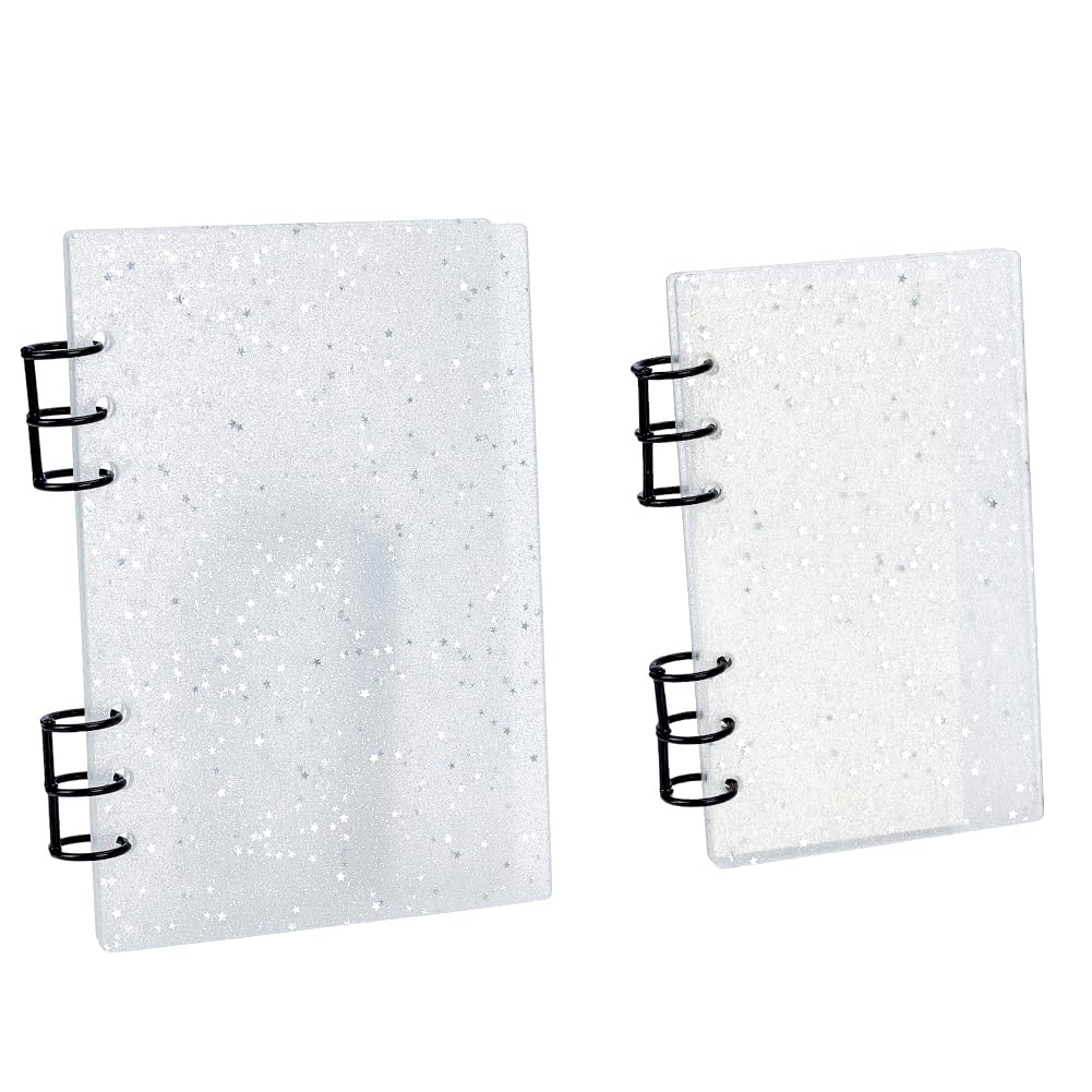 Set di 2 raccoglitori A6 A7 in acrilico, 6 anelli, con stelle scintillanti per raccoglitori trasparenti, con 4 anelli in metallo per biglietti fotografici