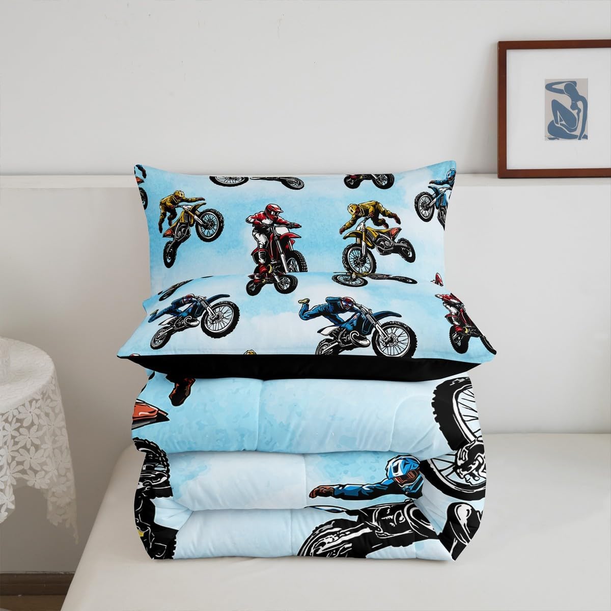Erosebridal Dirt Bike Bedding Set Full Size, Extreme Sport Comforter Set for Kids Boys Teens, Motorbike Sport Quilted Comforter Motocross Rider Bedding Comforters 3 Pieces with 2 Pillow Cases, Blue