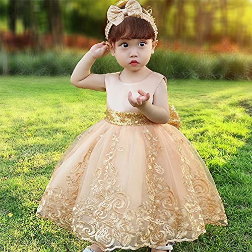 Lace Flower Girls Sequins Bowknot V-Back Tutu Dress For Kids Baby Christening Baptism Communion Birthday Party Dress Toddler Princess Pageant Wedding Bridesmaid Gown With Headwear 001 Gold 3-4 Years #TOP5