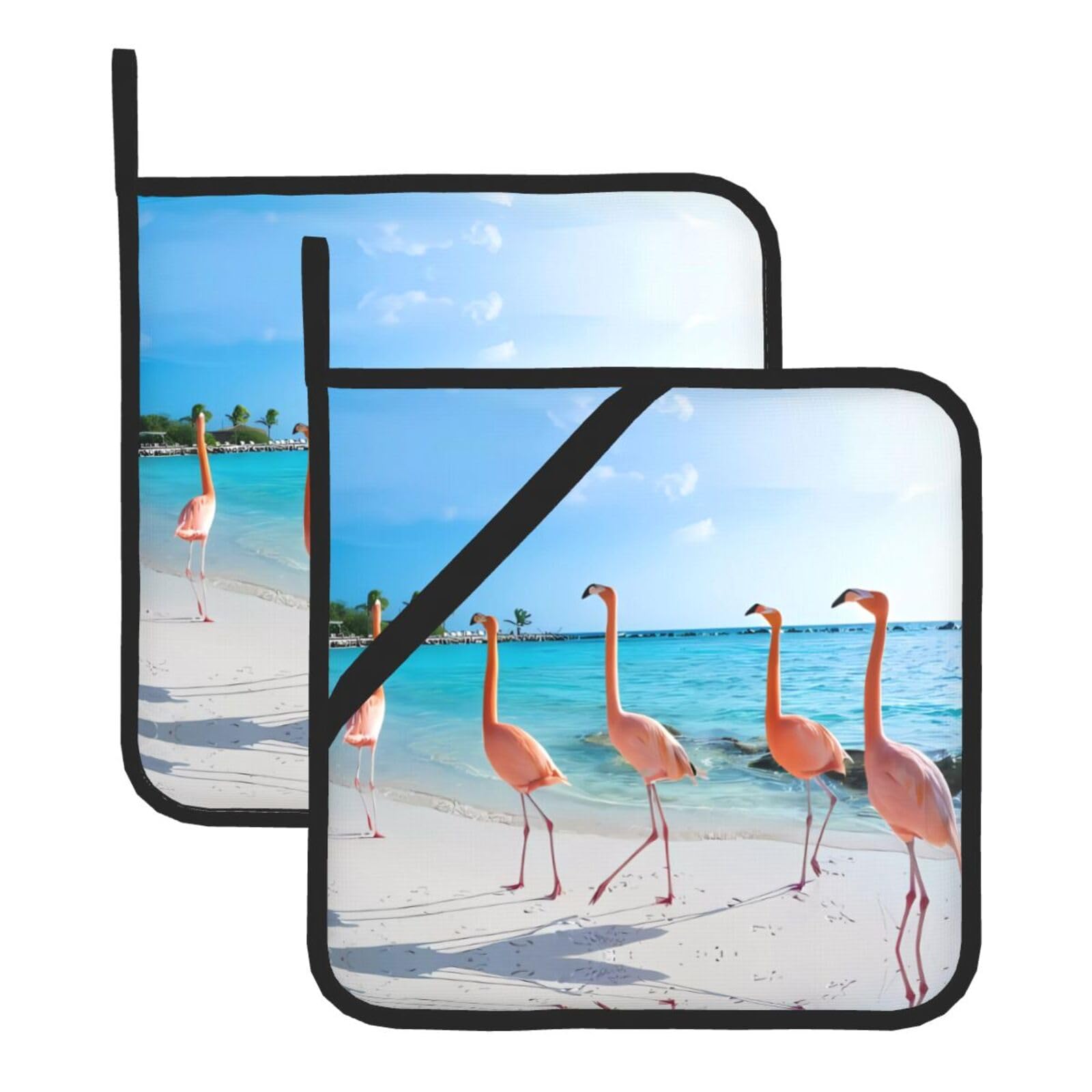 HJFCZH Beach Flamingos Prints Square Hot Pads for Kitchen Counter - Waterproof Pot Holders, Durable Heat Resistant Throw Layers for Serving, Oven & BBQ - 2 Pack