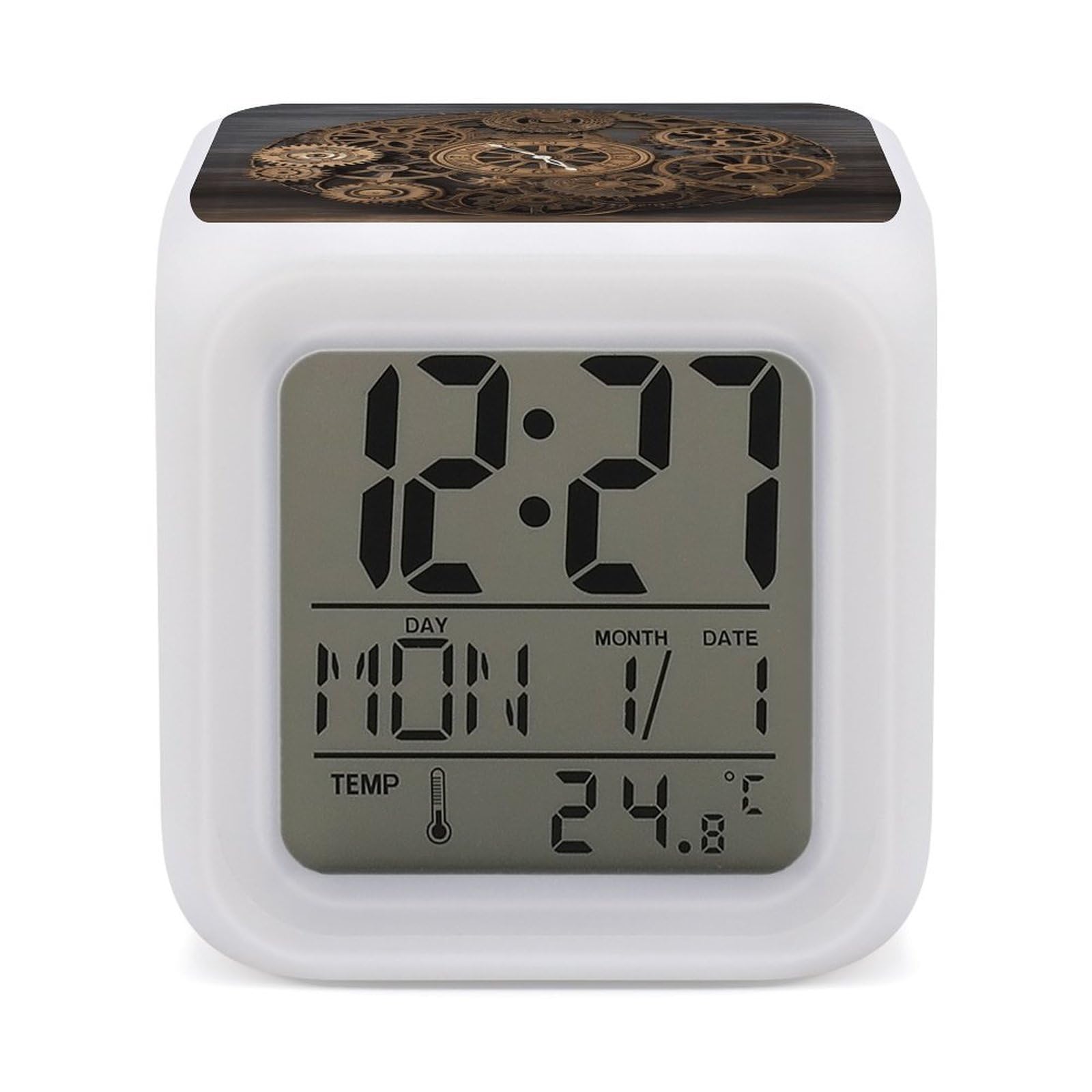 VstaDank Steampunk Gears Clock Digital Alarm Clock LED Display Screen Color Change Alarms Clock Smart Alarm Clock Wake Up Digital Clocks with 7 Color Nightlight for Bedroom