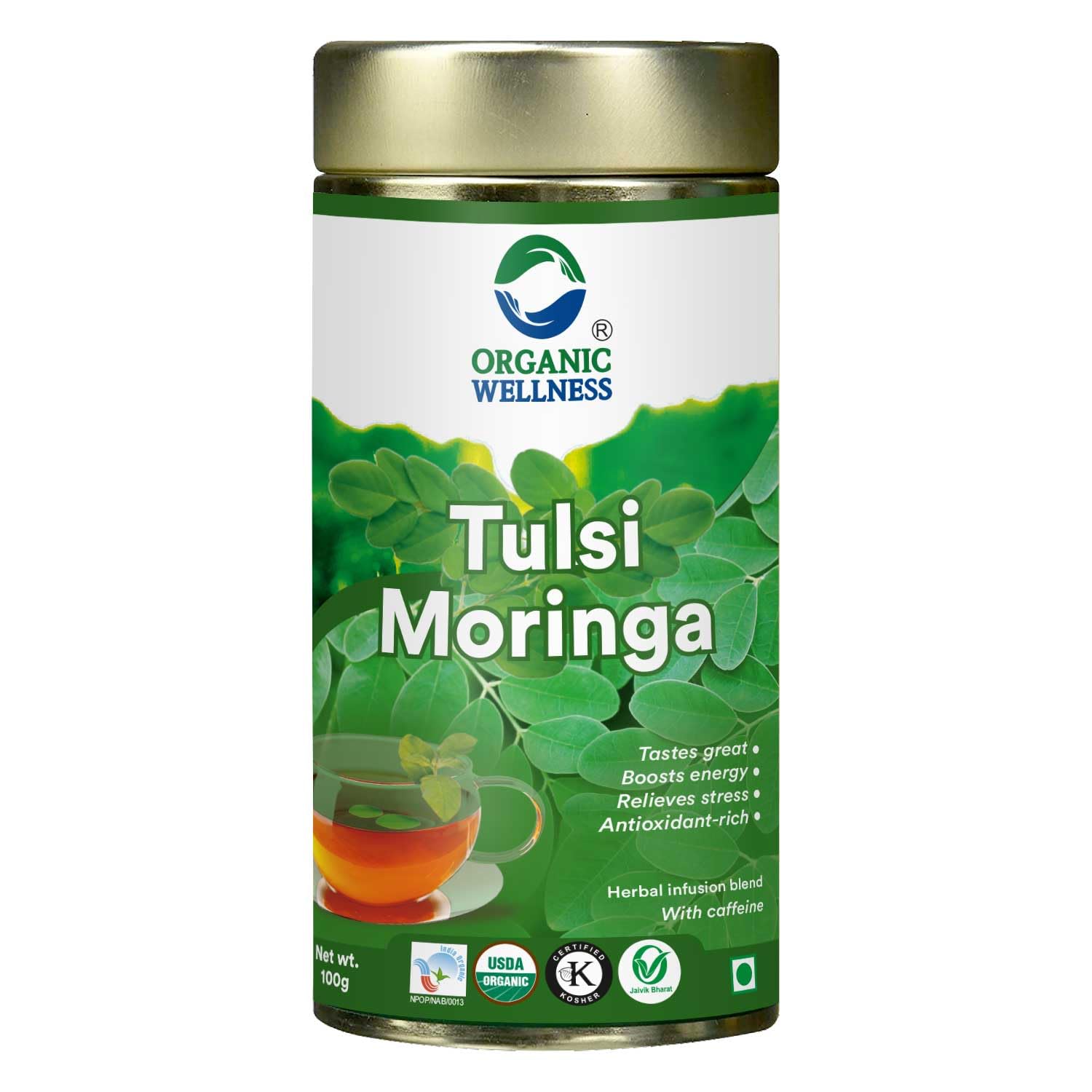 Organic Wellness Tulsi Moringa Herbal Tea – 100g Tin | Superfood Drumstick Leaf Powder | Boost Immunity & Energy | Pack of -1