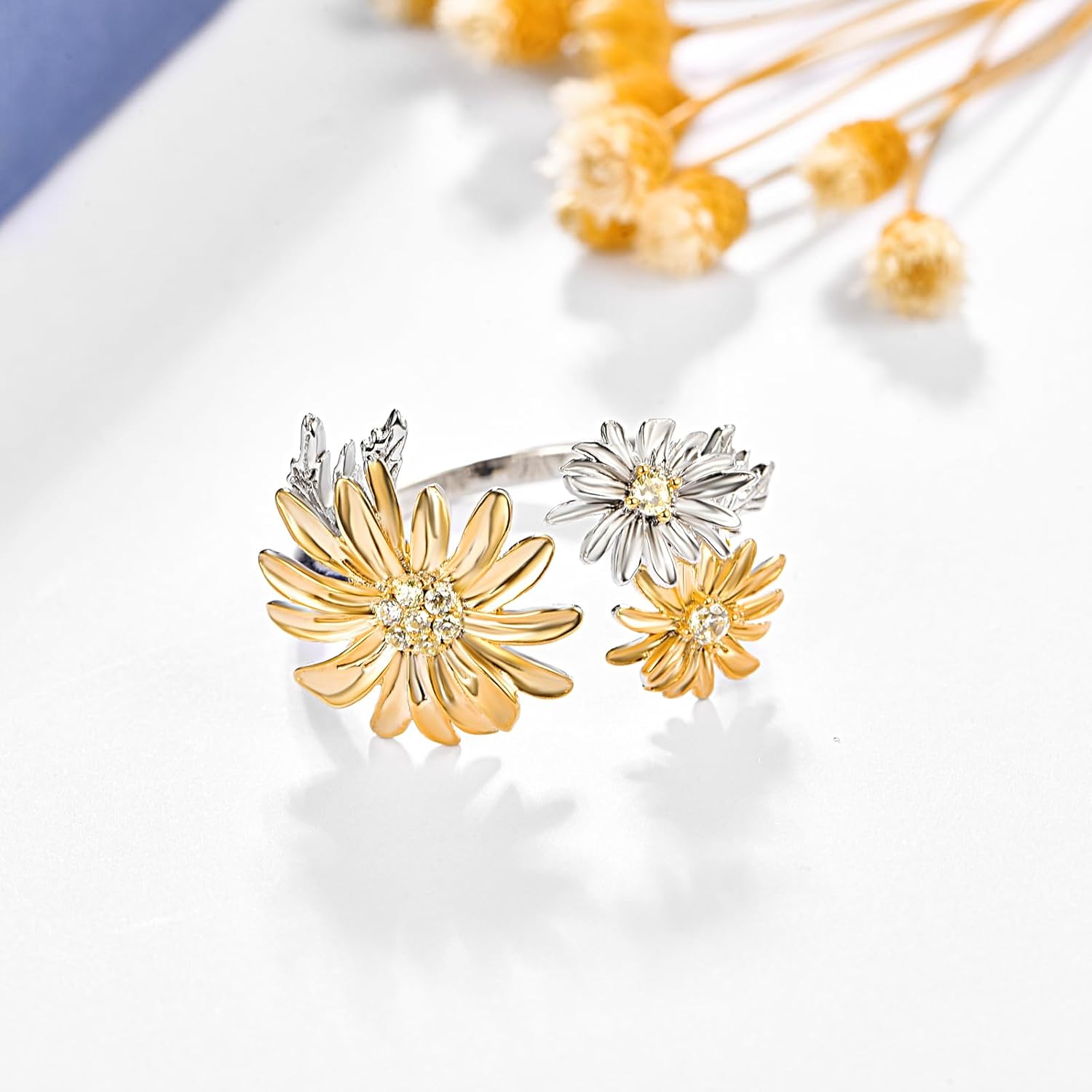 KINGWHYTE Daisy Rings for Women 925 Sterling Silver Adjustable Open Daisy Flower Rings Birthday Jewelry Gifts for Her - Image 3