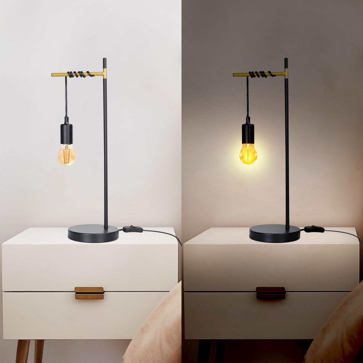 Aigostar lámpara de mesa retro E27, lámpara de escritorio industrial de metal con cable de 180cm con interruptor, lámpara de noche(sin bombilla), negro/dorado, 2pcs