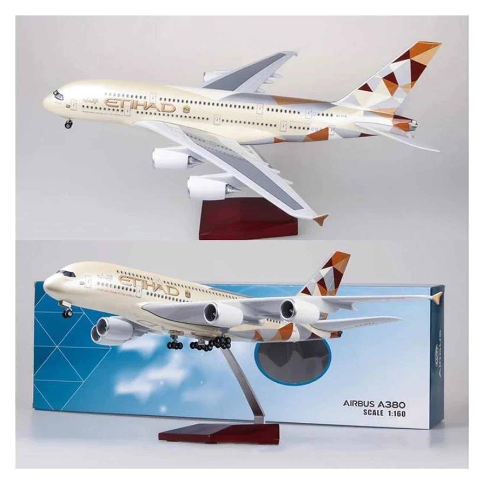 Juguete Resina 47 Cm para Airbus A380 Etihad Modelo Avión con Luces LED para Exhibición Escritorio Coleccionable(No Lamp)