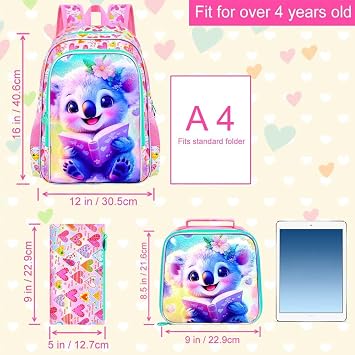 AGSDON 3PCS Backpack for Girls, 16 Little Kids Koala Preschool Water Resistant Bookbag, Elementary Backpacks and Lunch Box