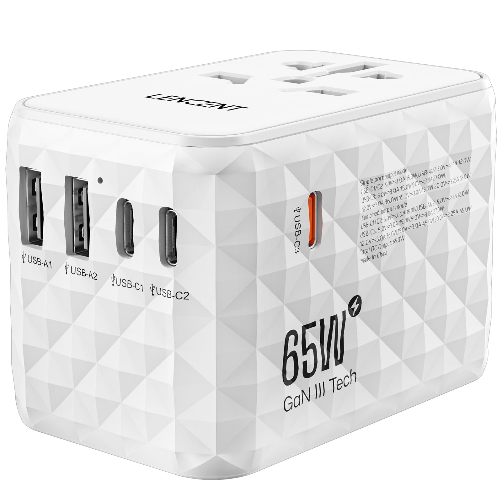 LENCENT 65W Adattatore Universale da Viaggio, Adattatore Presa con 2 USB-A | e 3 USB-C, Caricatore Alimentazione Rapida per Telefono Cellulare, Laptop, Spina Internazionale per UK, EU, AUS, USA -Bianco