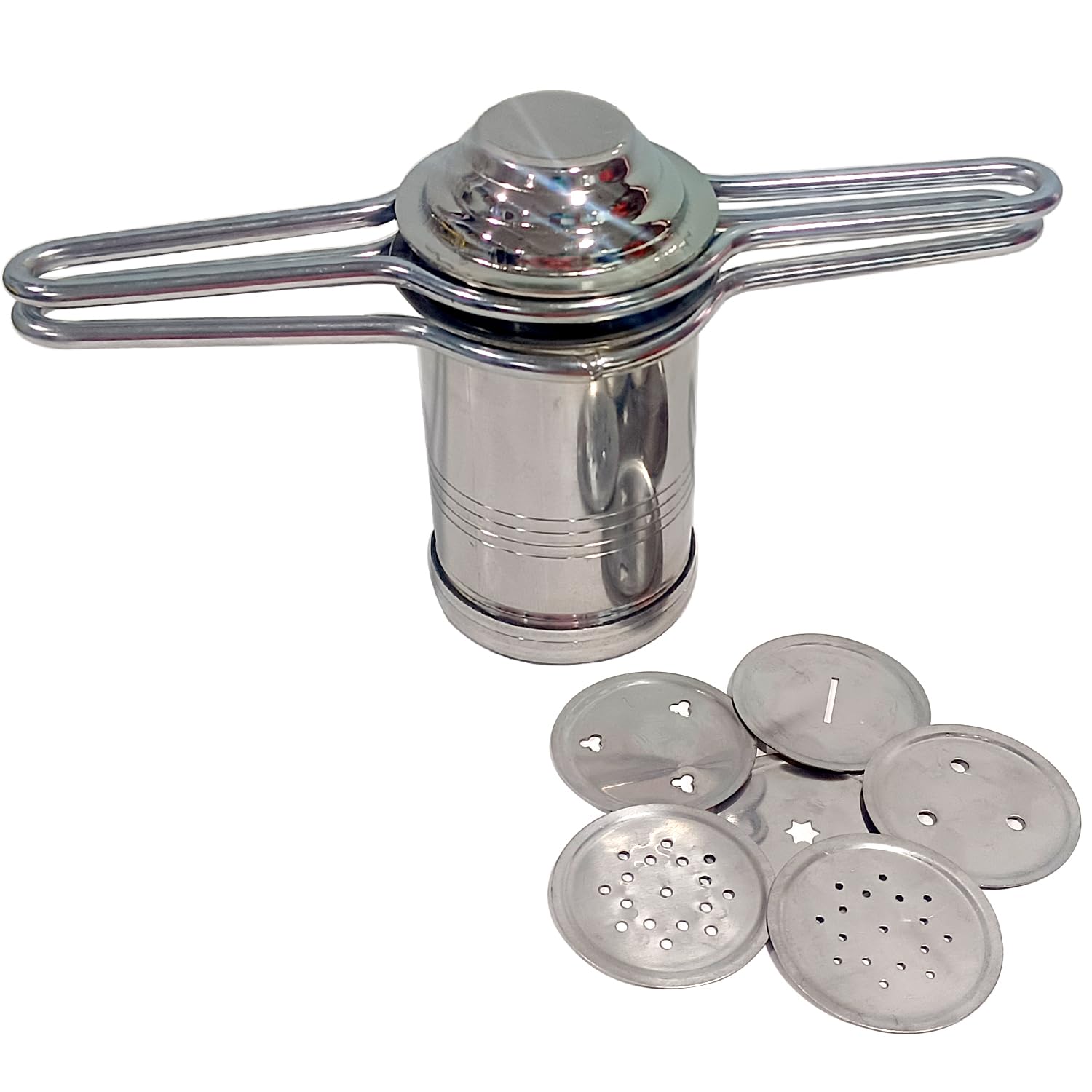 Kitchen Dough Press Dab sev Sancha Stainless Steel Press Sev Sancha Machine Press Murukku Maker Traditional Sorya Idiyappam Maker with 6 Jali, Medium, Silver, SY00149