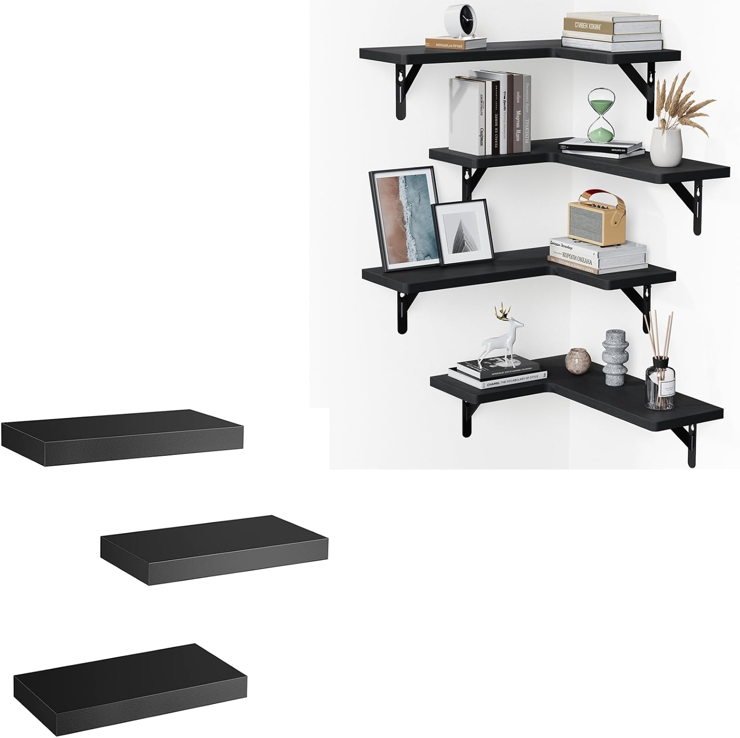 YAFF Estantes Esquineros Flotantes, Con Borde Protector, Estantes Esquineros Para Decoración De Pared, Estantes Para Sala De Estar, Dormitorio, Baño, 2 Piezas De MDF Negro De 9.8 X 9.8 X 1.5