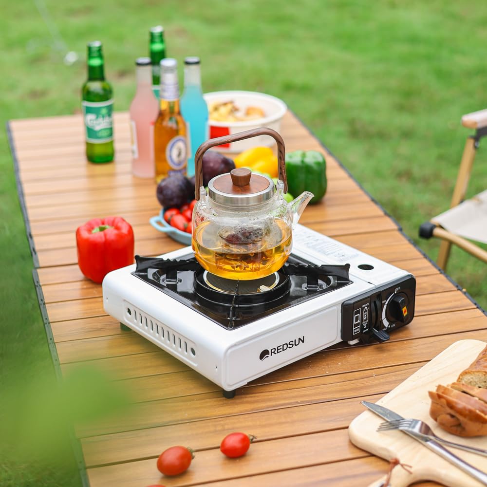 Portable Butane Gas Stove C3 – Infrared Burner Single Burner Camp Stove with Rear Heating Stand, White Countertop Cooktop for Outdoor Camping, Fishing, RV, Coffee, Heating