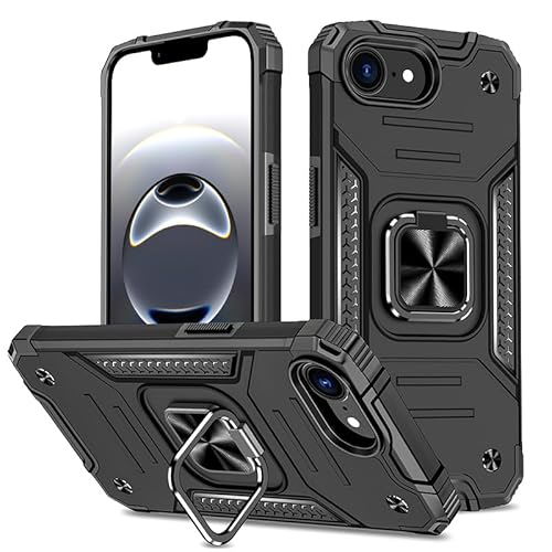 強化ガラスフィルム付き iPhone16eケース リング付き マグネット 車載用 6.1インチ アイフォン16eケース アイホン16e 耐衝撃 衝撃吸収 子供用 (ブラック, iPhone16e)
