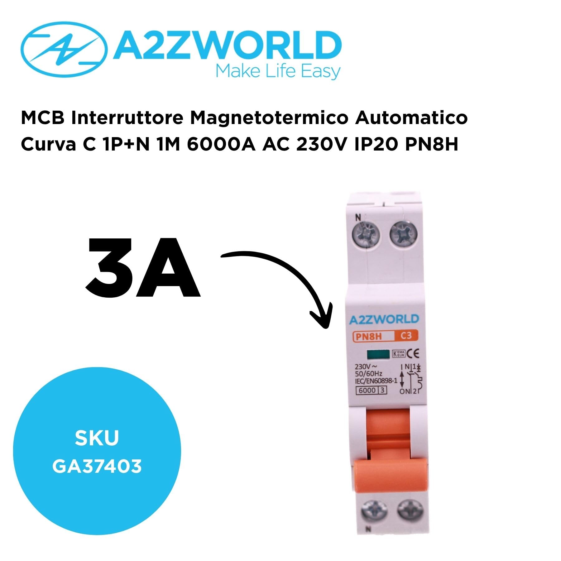 Interruttore Magnetotermico 3A C3, 1P+N 6kA Curva C, Slim Solo 1 Modulo DIN 220V AC, Certificato IEC60898-1, Serie PN8H