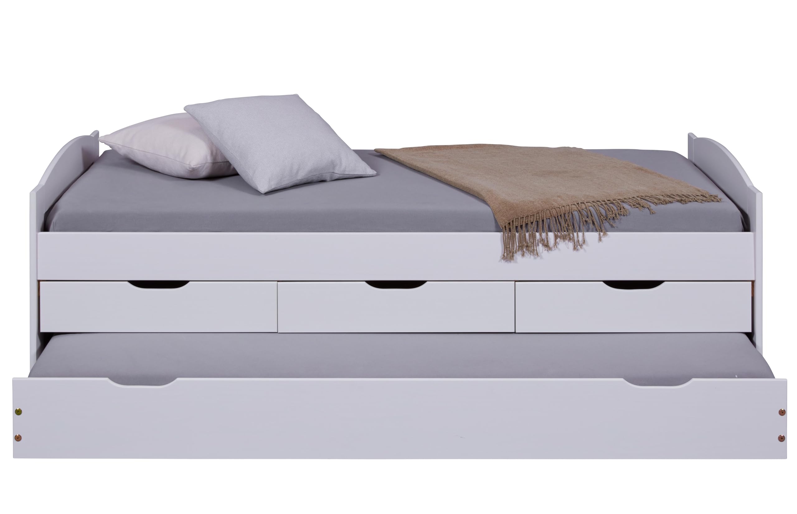 Inter Link - Funktionsbett - Kinderbett - Einzelbett mit Stauraum - Bett mit Schubladen - 2 Liegeflächen 90x200cm - Kiefer massivholz - inkl. Lattenrost - Weiß lackiert - Ulli 90x200cm
