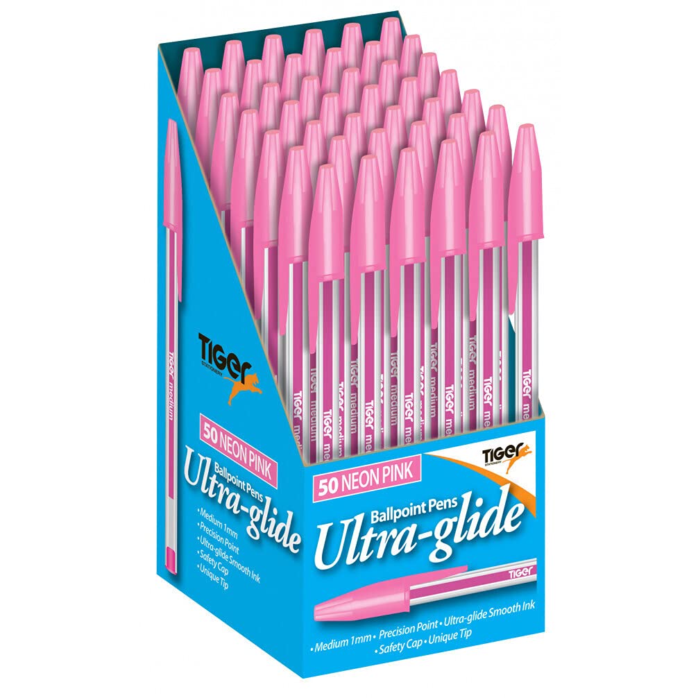 Tiger Ultra-Glide Smooth Wrinting Ballpoint Pens - Neon Pink x 10 Pens